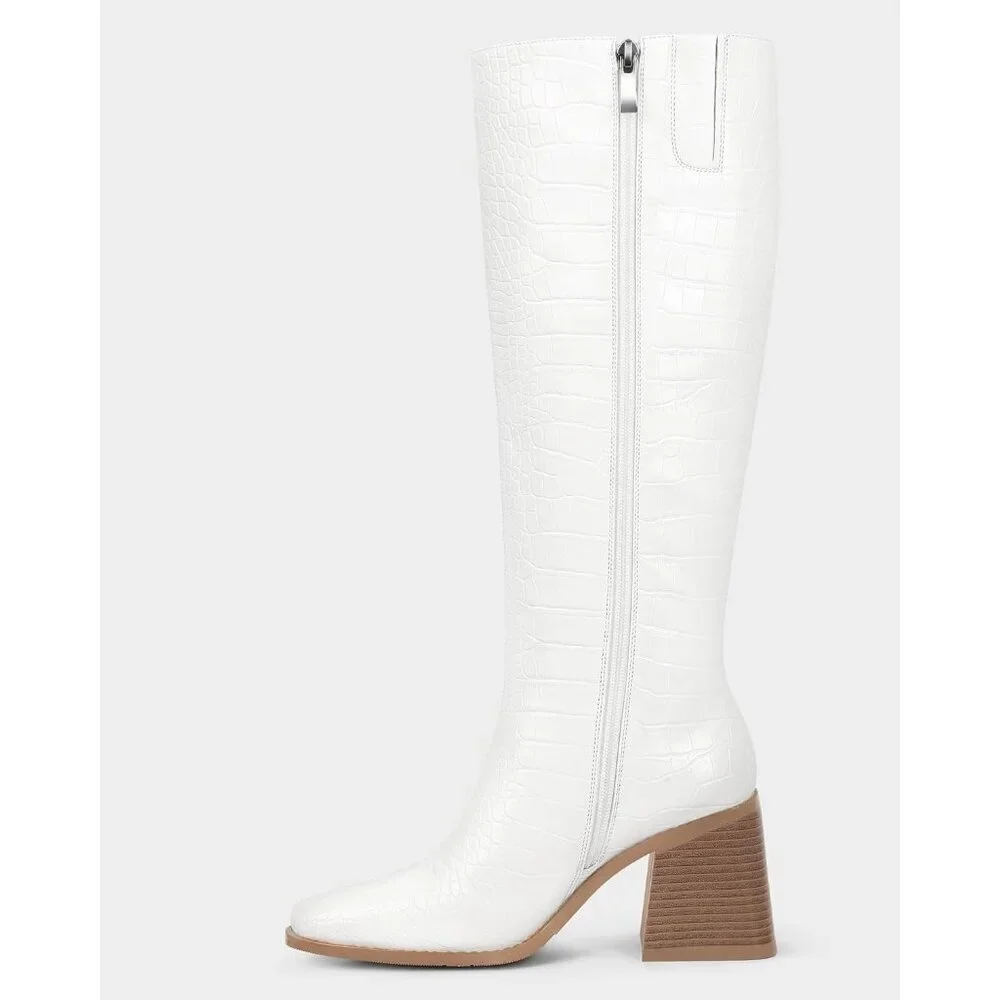Women Crocodile White Polyurethane Knee High Square Toe Block Heel Tall Boots